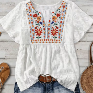Colorful Floral Print Top, Textured Ruched Doll-style Blouse, Beach Vacation Relaxed Style Short-sleeved Shirt, Summer Fashion for Women